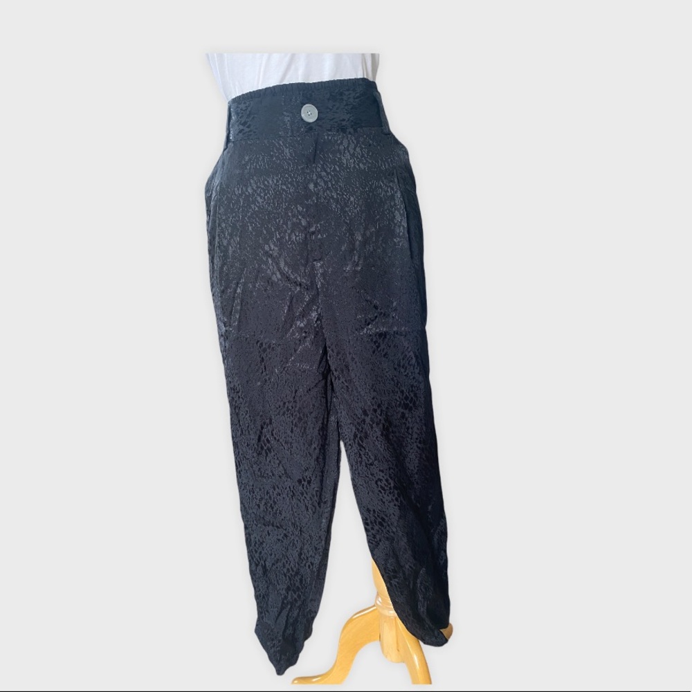 Anthropologie Black Satin Blend Animal Print Cropped Pants